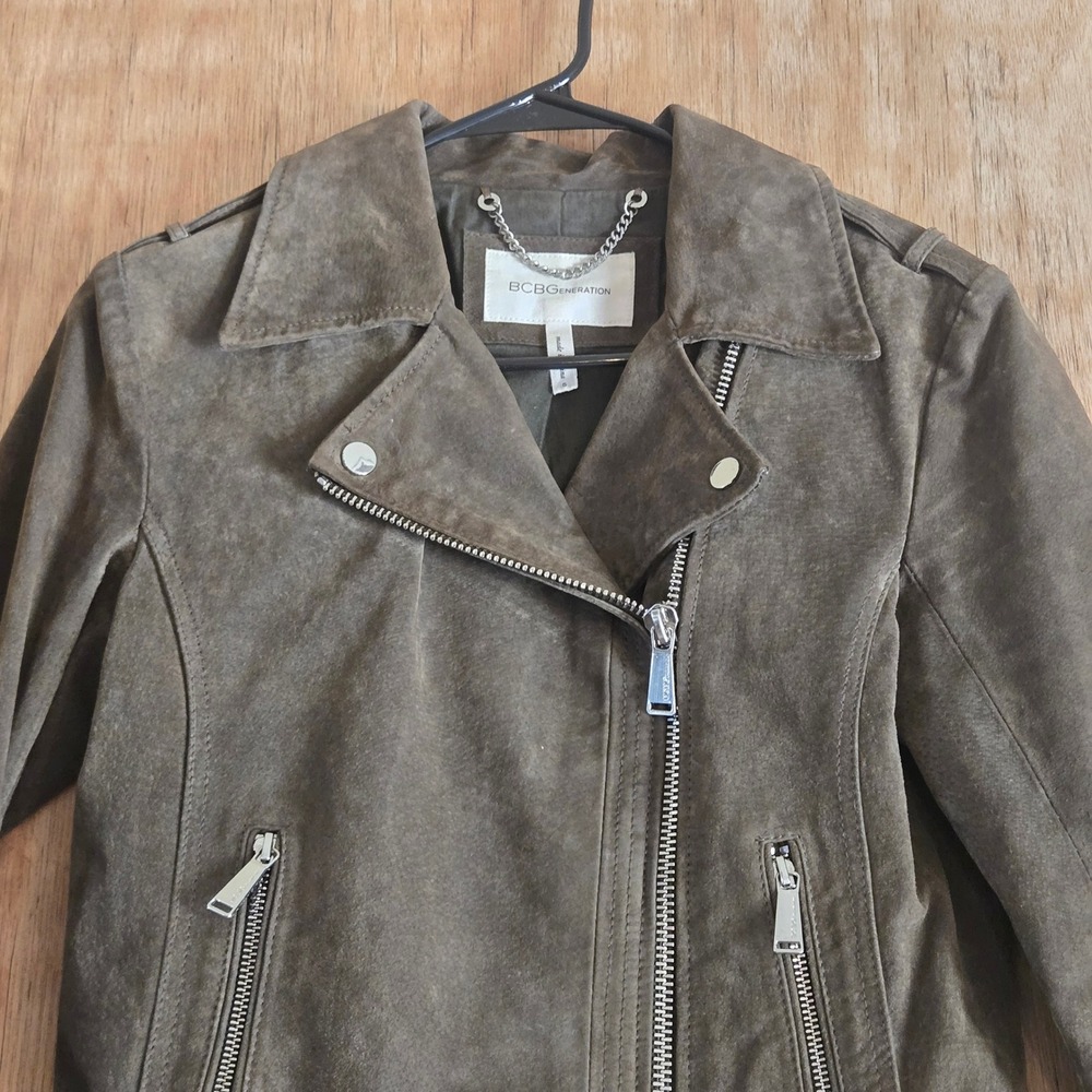 BCBGeneration Olive Green Suede Leather Moto Biker Jacket Womens Small